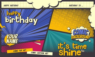 Birthday frame Comic colorful panel background vintage retro style