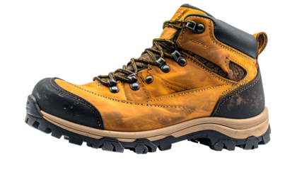 A worn, leather hiking boot in tan and black, with detailed stitching and rugged sole