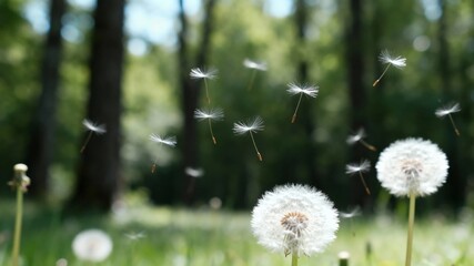 Dandelion seeds floating in the air in a forest clearing on a sunny day