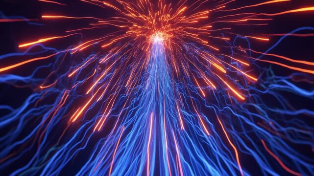 Abstract digital light streams with glowing blue and orange particles converging and diverging in a dark space.