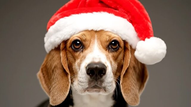 A close-up of a beagle wearing a Santa hat, looking directly at the viewer with big, brown eyes