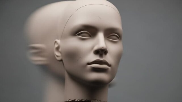 A 3D rendered close-up of a humanoid head with a blurred duplicate behind, showcasing detailed facial features against a grey background. Perfect for technology, robotics, and educational