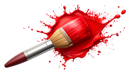 A paint brush with red bristles is dipped in a splash of red paint on black background
