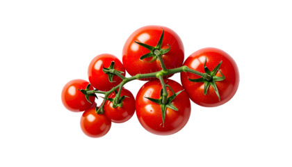 Vivid overhead shot of a cluster of ripe, red tomatoes on a green vine against a black background