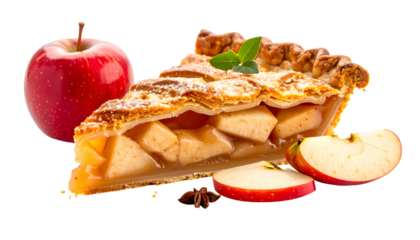 Close-up view of apple pie slice with whole apple & slices, featuring detail