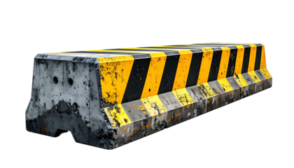 A concrete road barrier with alternating yellow and black stripes, isolated on black