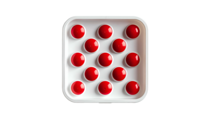 Overhead shot of a white square container with evenly spaced bright red spherical objects inside