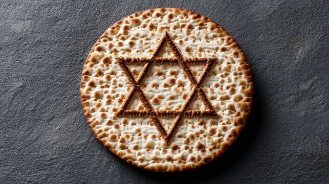 A matzo cracker featuring a Star of David design, traditionally used during the Jewish holiday of Passover. The intricate pattern symbolizes Jewish heritage and faith.