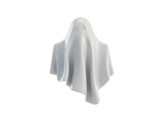 Floating white ghost figure draped sheet isolated on transparent background