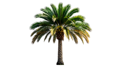 Isolated lush palm tree with green fronds and brown trunk against a stark black backdrop
