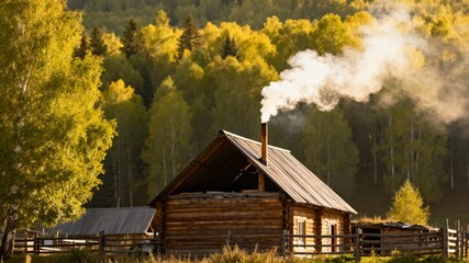 Wooden cabin with smoke rising from chimney in autumn forest setting