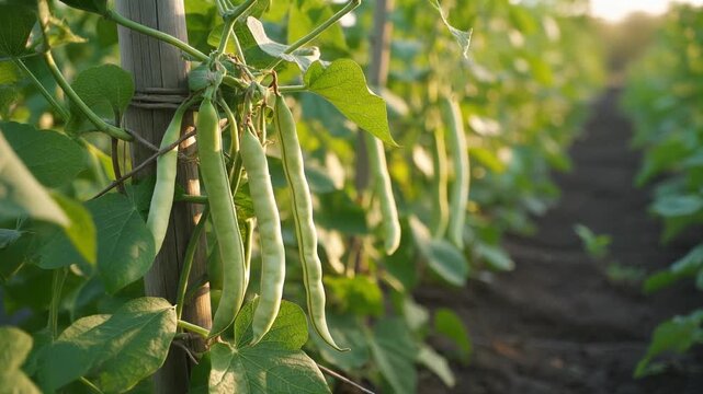 Lush Green Pole Bean Plants Growing in a Sunny Garden Row