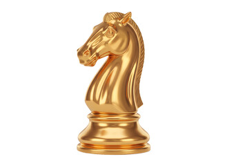 Golden chess knight piece rendered against a transparent background isolated