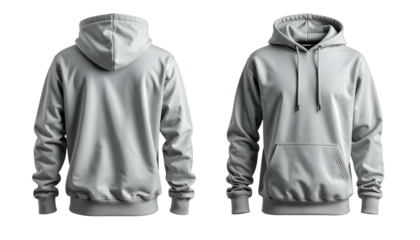 Front & back of a light gray hooded sweatshirt, empty and isolated