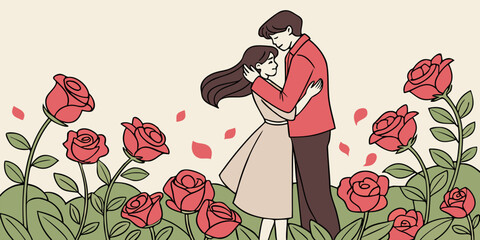 Romantic Love in Red Rose Garden