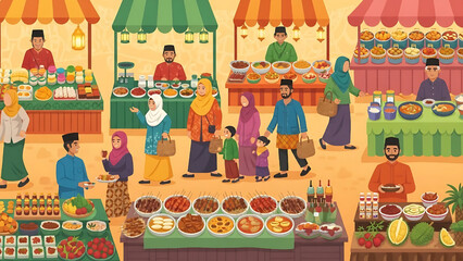 Vibrant Ramadan Bazaar with Families Shopping for Food and Goods