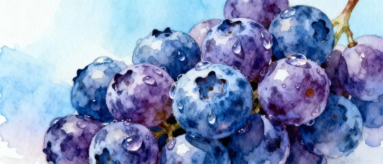 Watercolor painting of fresh blueberries with dewdrops on a light blue background
