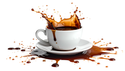 White cup and saucer with brown liquid spilling, creating a splash against a black background