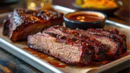 Juicy slices of smoked brisket are placed on a metal platter. A small bowl of barbecue sauce accompanies the meat. The setting is warm and inviting typical of a restaurant at dinner.