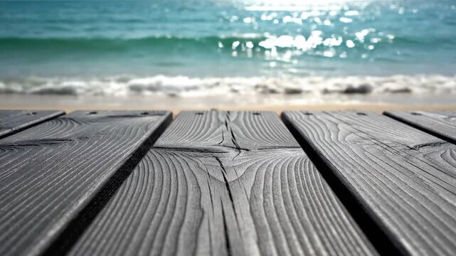 Wooden deck in close-up with soft-focus ocean in the background, sandy beach