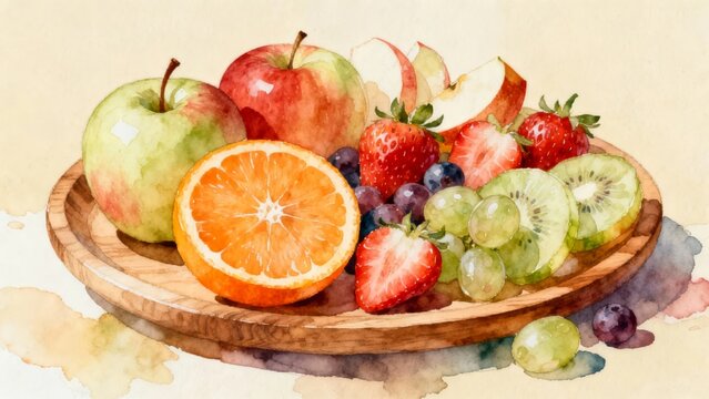 A watercolor painting of a wooden plate filled with assorted fresh fruits including apples, oranges, strawberries, grapes, and kiwi. - Powered by Adobe