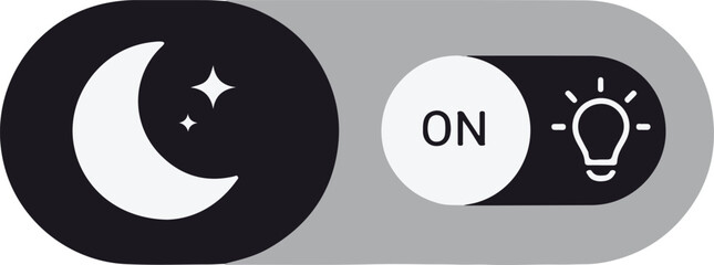 A dark mode toggle switch interface. The left side features a crescent moon and stars in a black circle, while the right shows a light bulb "ON" button on a grey track.