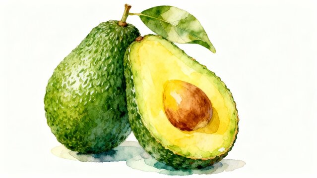 Watercolor illustration of a whole and halved avocado with leaf