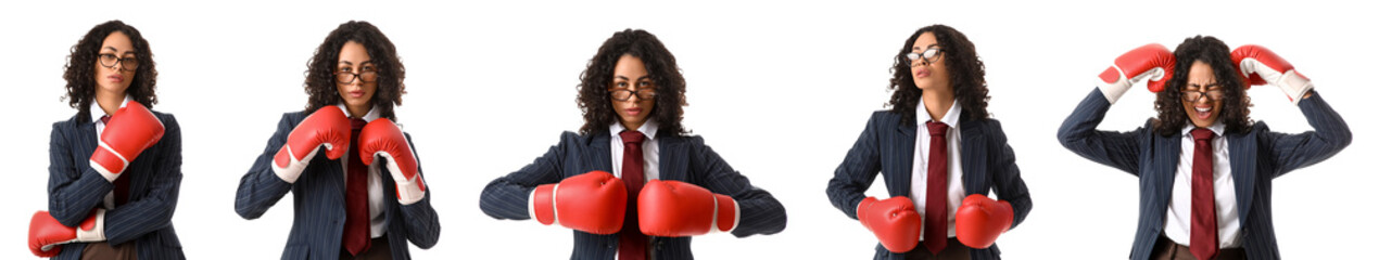 Collage of African-American businesswoman in boxing gloves on white background