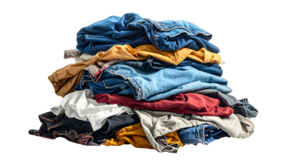 A messy pile of various colored clothing items, mainly jeans and shirts, isolated on black