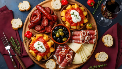 Delicious tapas platter with cured meats and wine