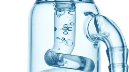 Massive macro view of pale blue liquid flowing through a glass tube, causing bubbles to condense and chaotically move inside it on pure white
