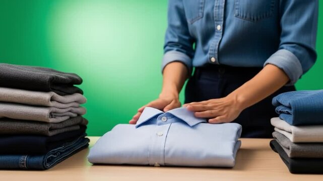 A person folding a light blue dress shirt on a table with stacks of folded clothes. Perfect for laundry, household, and organization presentations.