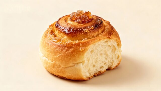 A freshly baked cinnamon roll with a golden-brown crust and soft, fluffy interior on a neutral background - Powered by Adobe