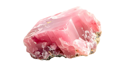 Close-up of a vibrant pink mineral with crystalline structures, isolated on black