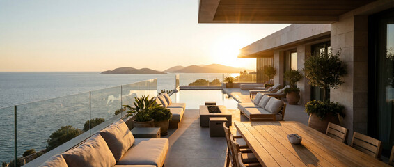 Fototapeta premium Coastal Retreat with a View: An expansive outdoor living space overlooks a breathtaking seascape at sunset. The image of relaxation and tranquility, perfect for a luxurious getaway.