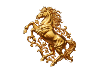 Golden horse sculpture on its hind legs with floral ornamentation