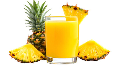 Fresh pineapple juice in a glass with fruit slices and whole pineapple against black