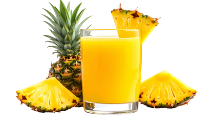 Fresh pineapple juice in a glass with fruit slices and whole pineapple against black