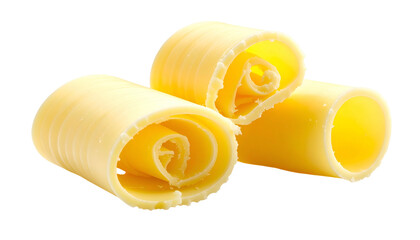 Close-up of three butter curls against a black background