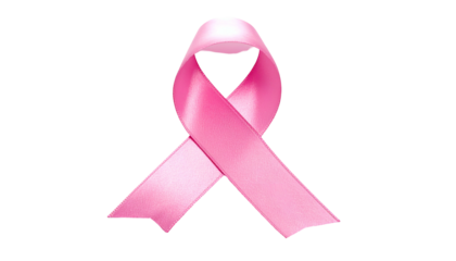 A glossy, pink awareness ribbon against a black backdrop, signifying support for a cause