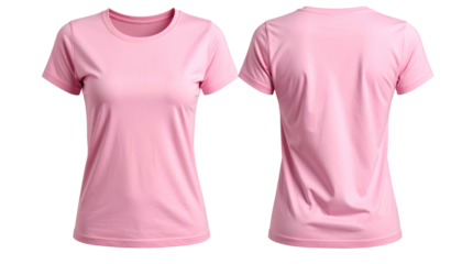 Front and back views of a pink, short-sleeved, crewneck tee on a black background