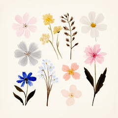 Hand painted botanical flower illustration set with delicate wildflowers and soft pastel colors, minimal floral elements isolated on light background for natural design, decoration and creative projec