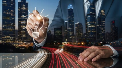 Innovative business concept with lightbulb over cityscape