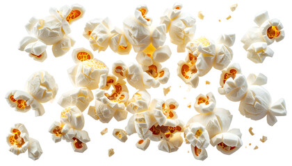 Fluffy, white popcorn kernels floating against a black background. Detailed textures and shapes