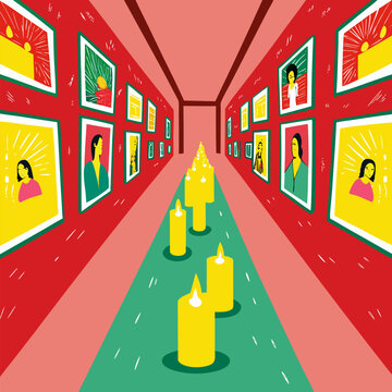 Candlelit Hallway with Wedding Photos