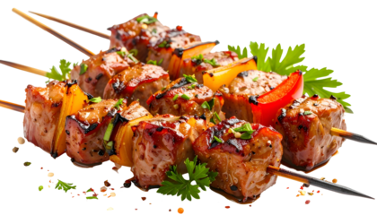 Grilled meat and vegetable skewers, garnished with fresh herbs, isolated on black