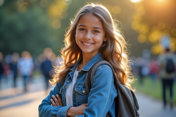 A joyful girl stands in a sunlit park with crossed arms, surrounded by people enjoying an afternoon stroll - Back to school day - Generative AI.
