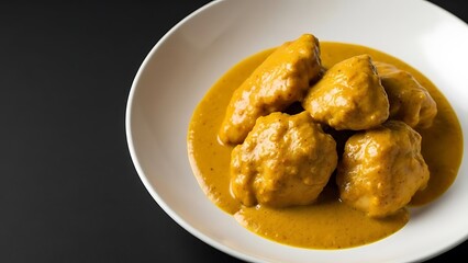 bright golden yellow curried chicken served on a white ceramic plate