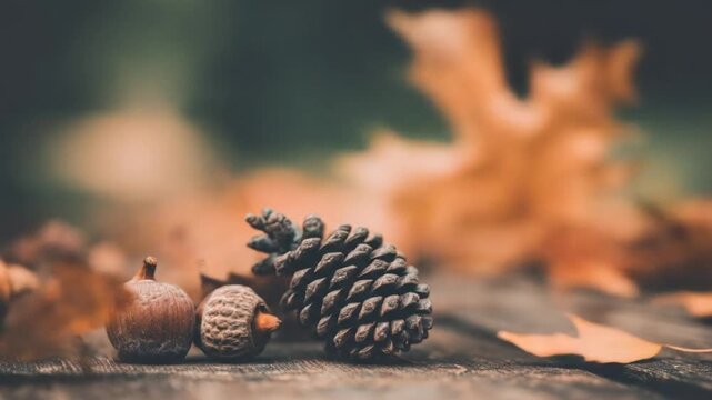 Close up of pinecone acorns and autumn leaves blurred background