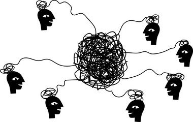 Scribble emotional concept with tangled lines. Chaotic scribble network highlights emotional tension, stress and disturbed connection between people, showing intense inner conflict and mental overload